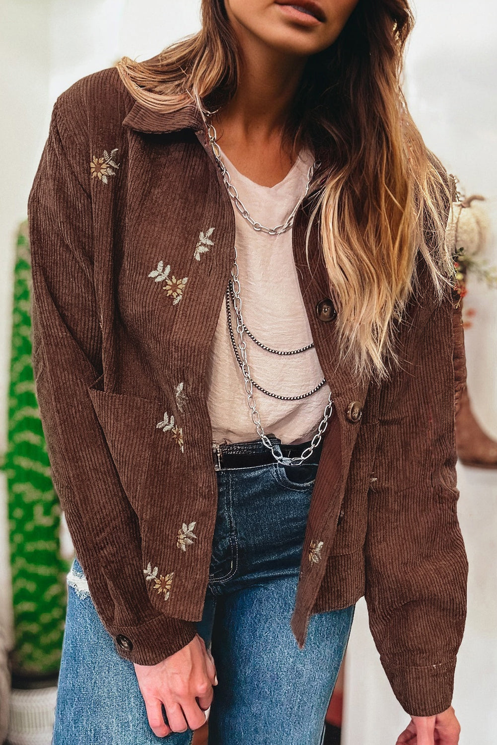 Floral Embroidered Corduroy Button Front Jacket With Pocket