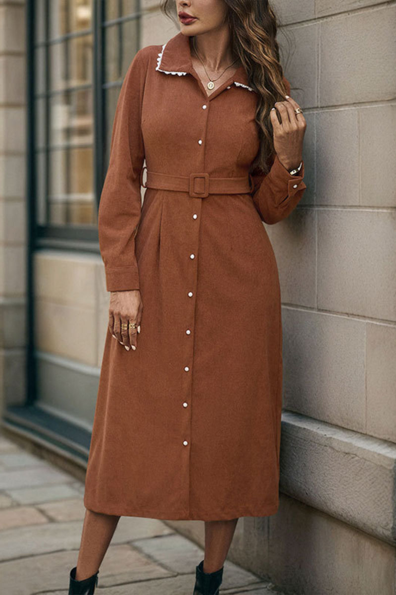 Corduroy Shirt Dress with Ruffle Collar and Belt