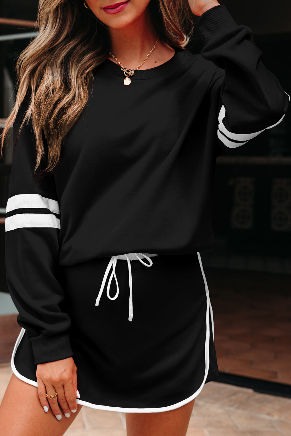 Varsity Stripe Pullover and Mini Skirt Two Piece Set