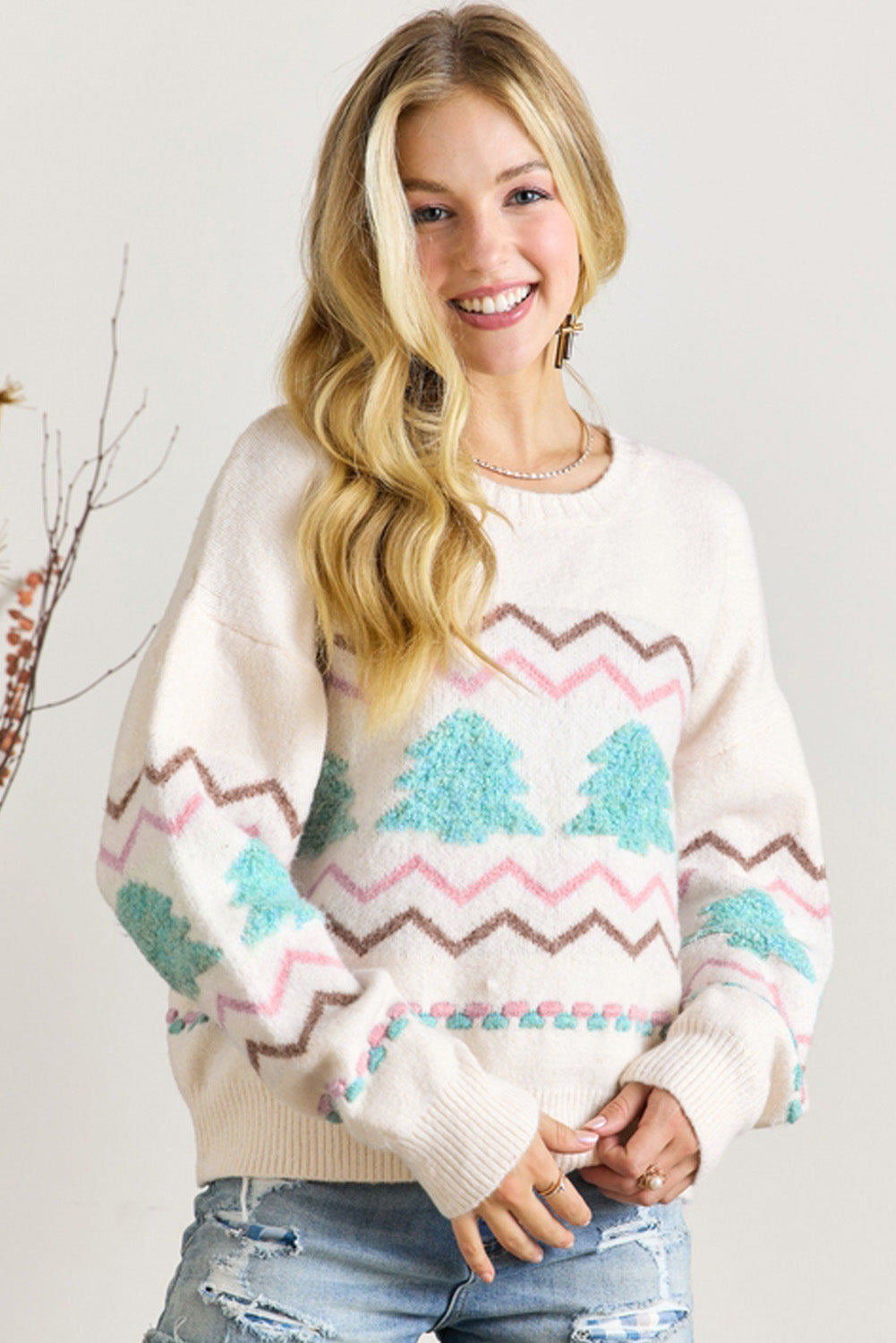 Striped Christmas Tree Ribbed Trim Drop Shoulder Sweater