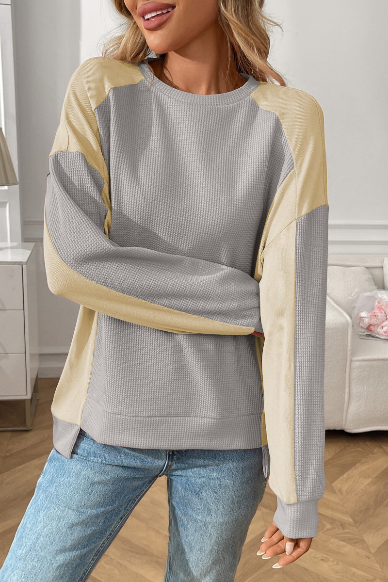 Colorblock Waffle Knit Crewneck Long Sleeve Top