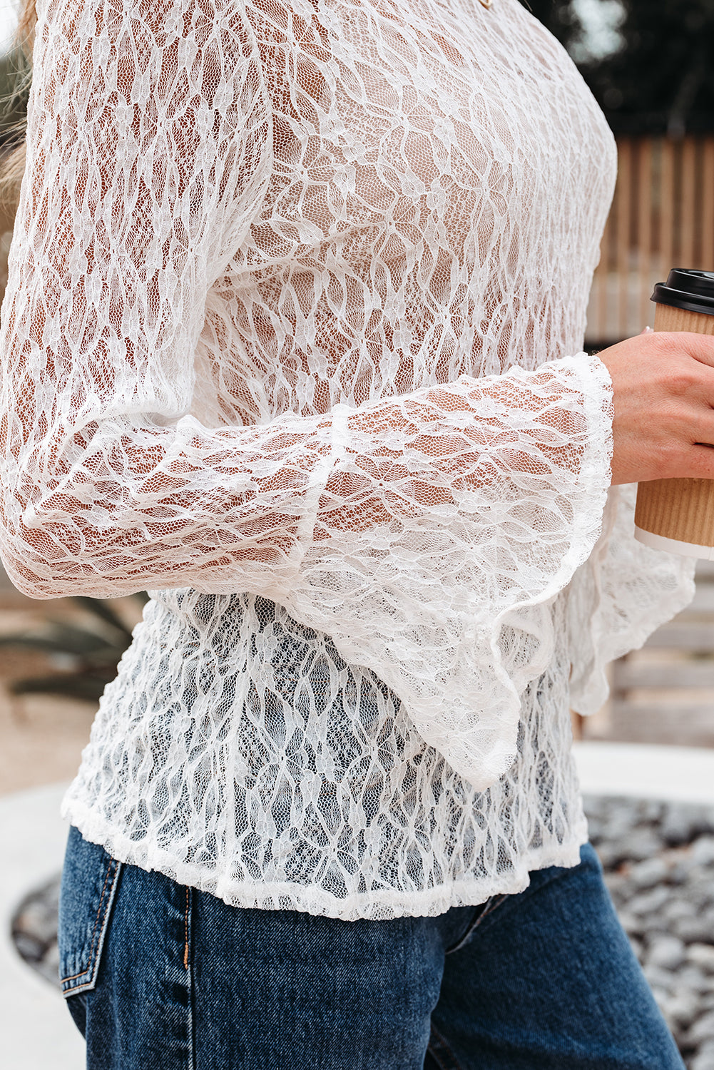 White Sheer Lace Long Sleeve Mock Neck Top