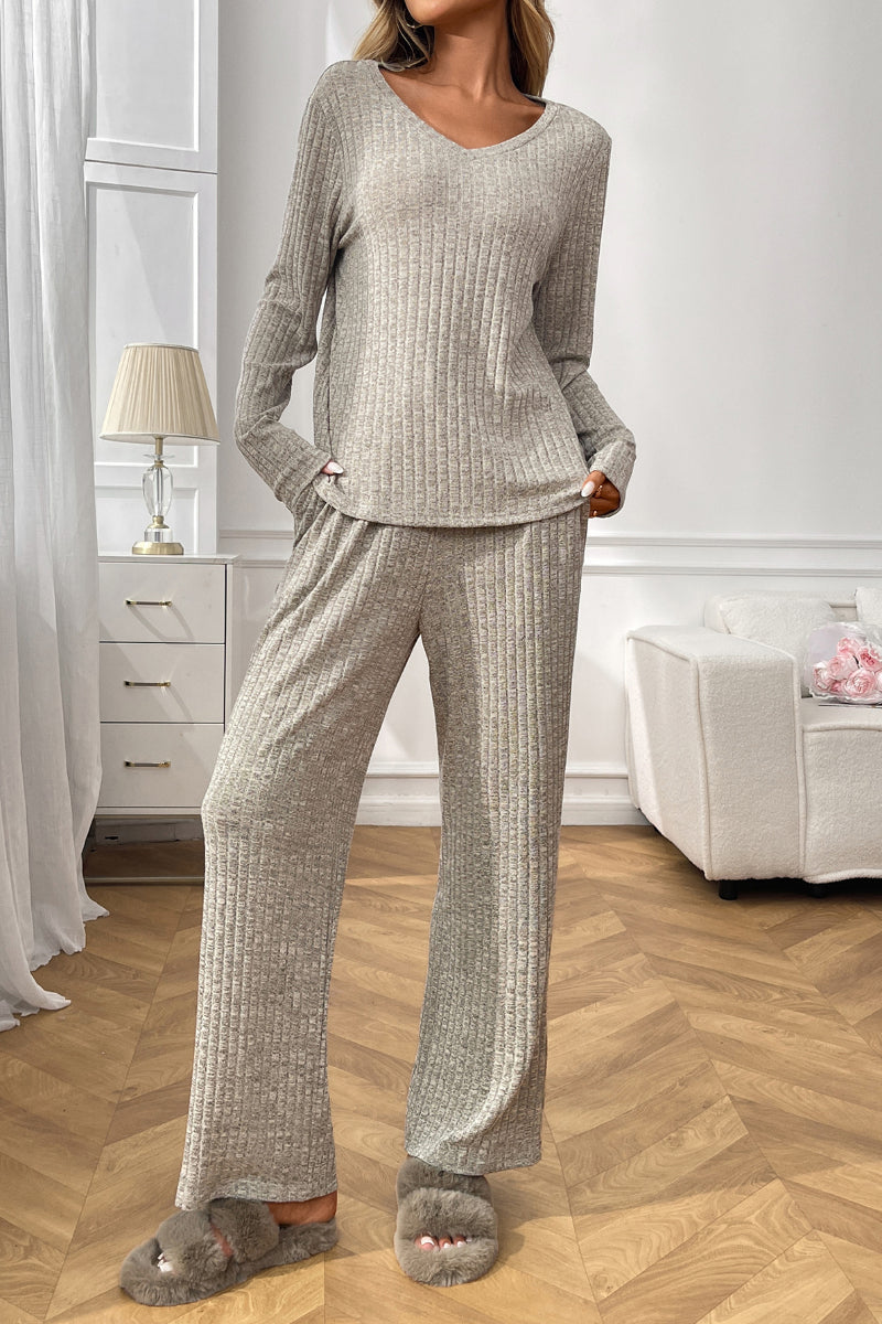 Womens Ribbed Knit Lounge Set Off Shoulder Pajama