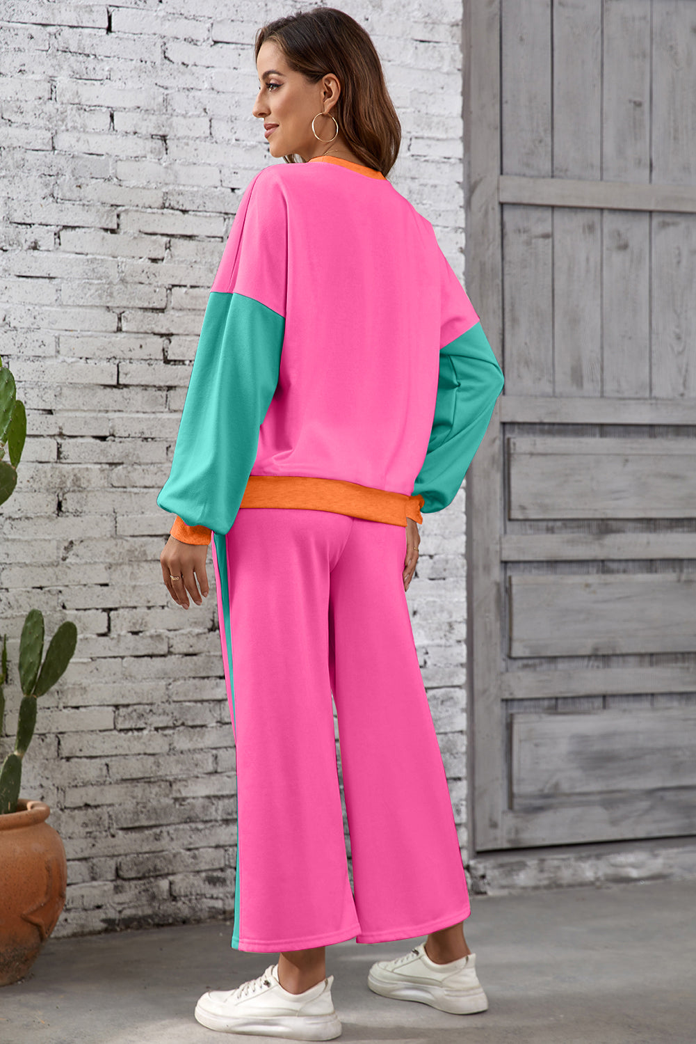 2pcs Color Block Casual Pullover Pant Set