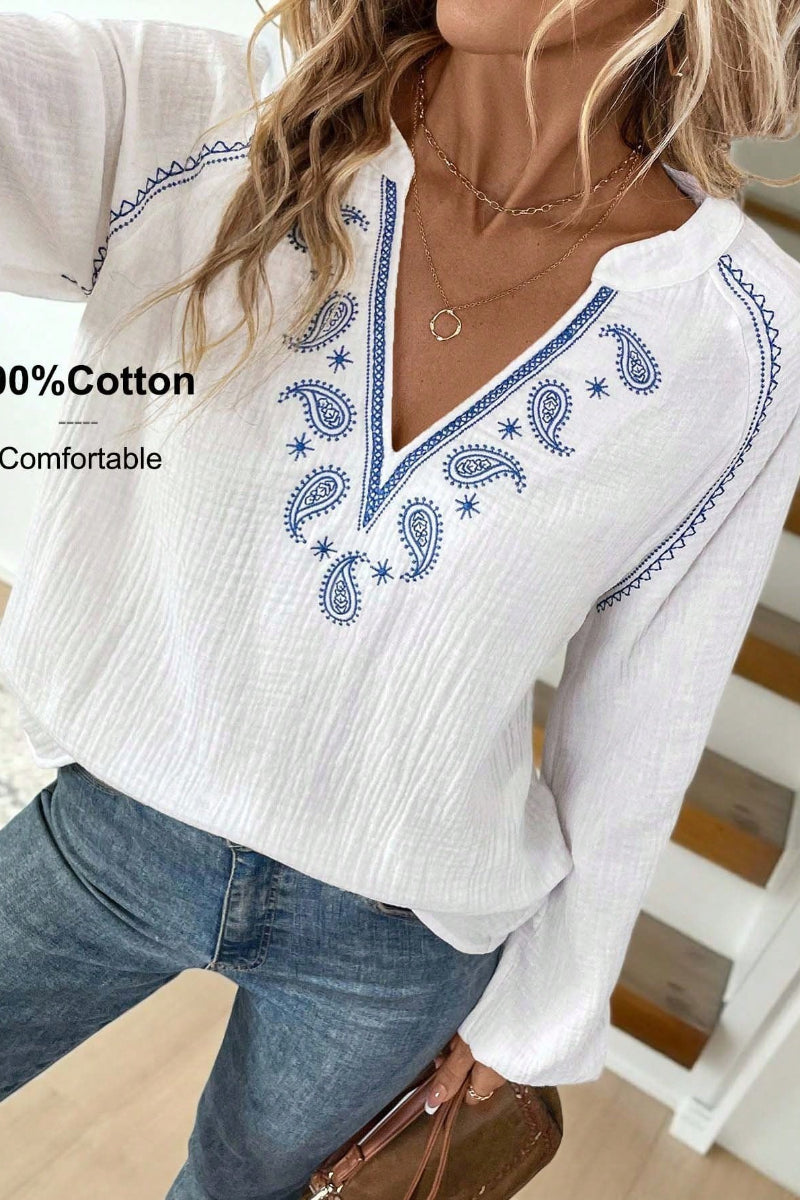 Boho Embroidered Cotton V-Neck Blouse Puff Sleeves Top