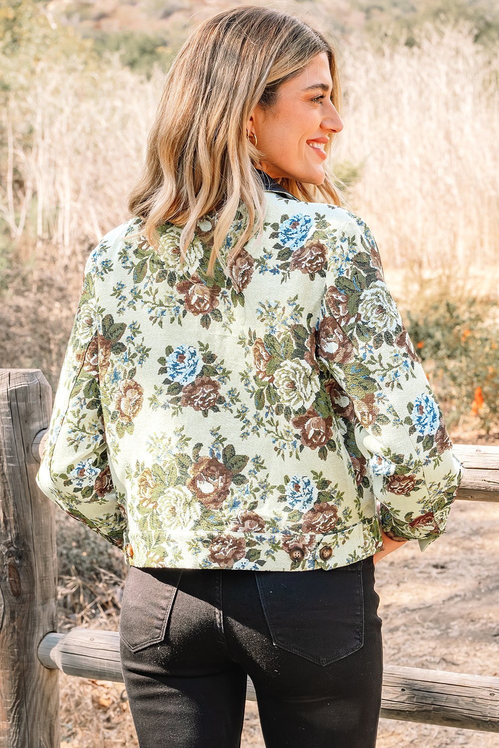 Floral Print Zip Up Contrast Collared Jacket