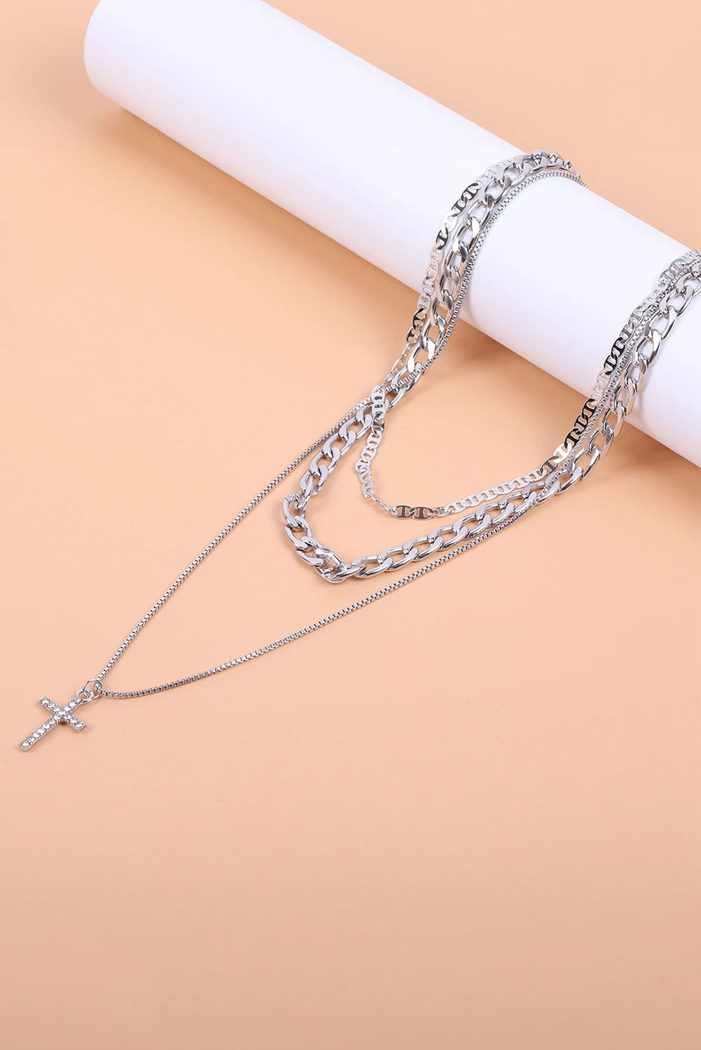 Gold Cross Rhinestone Layered Chain Necklace