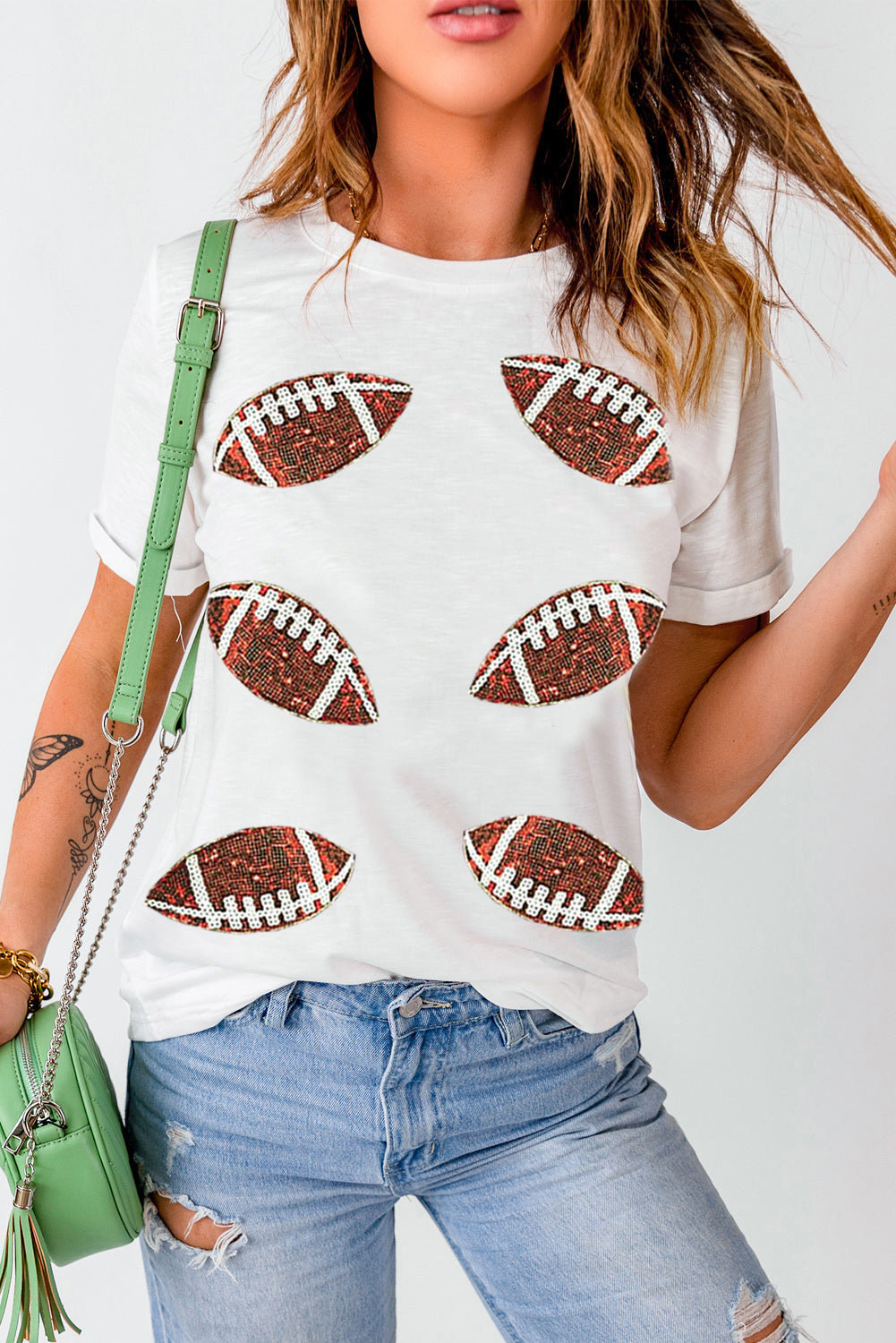 White Sequined Football Graphic T-Shirt for Game Day