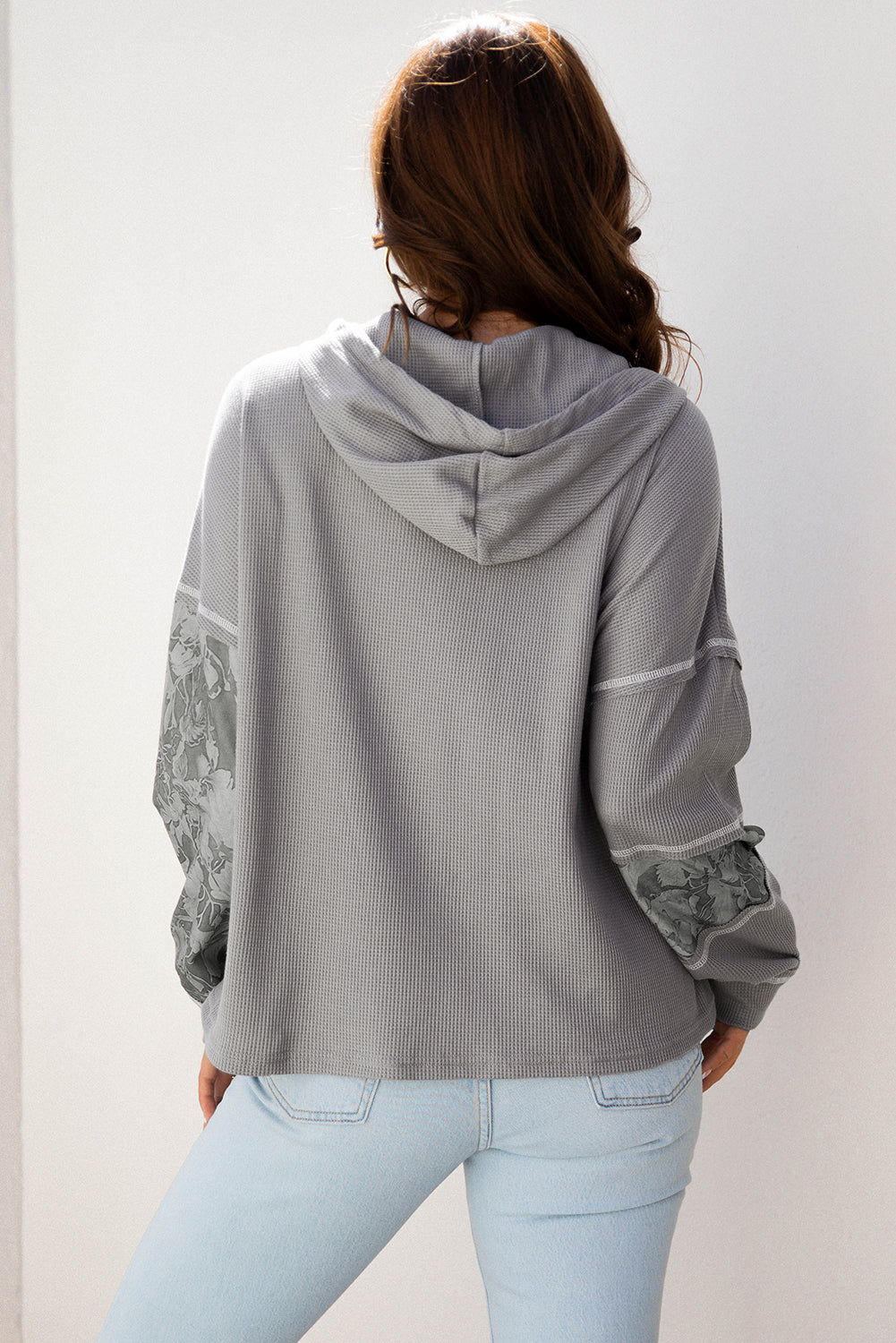 Waffle Patchwork Stripe Print Hooded Long Sleeve Top
