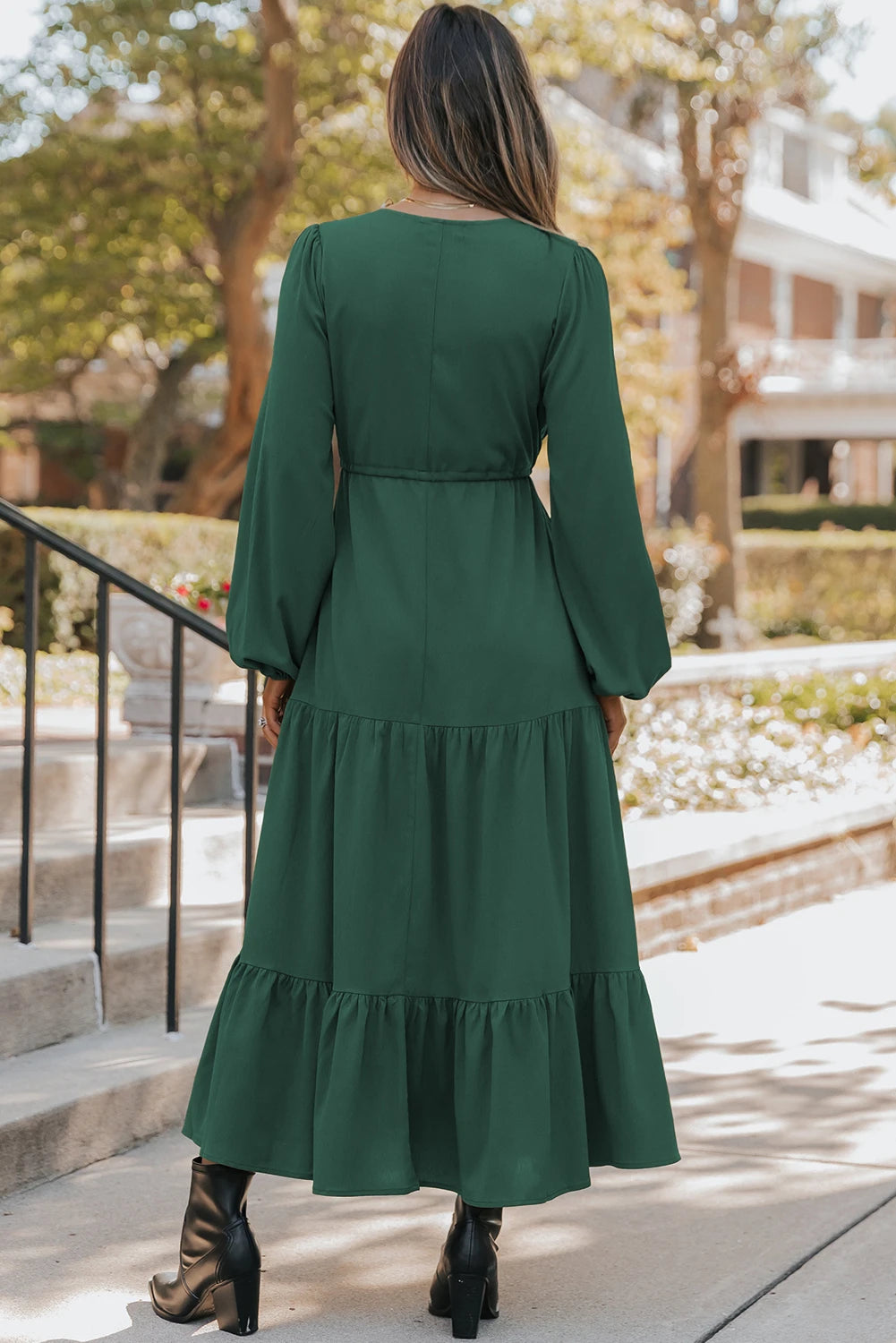 Solid Long Sleeve Button V Neck Tiered Maxi Dress