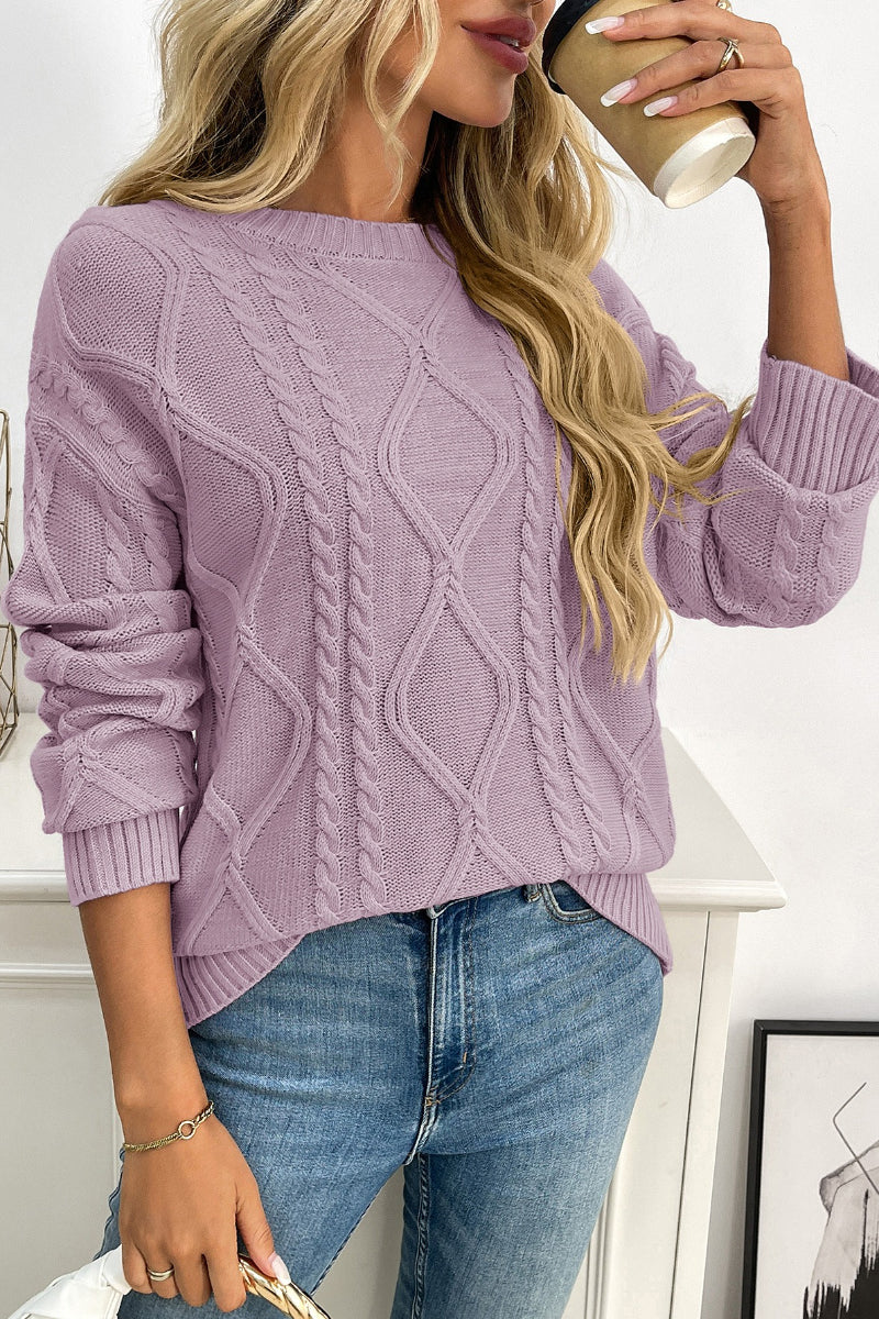 Women Cable Knit Crew Neck Pullover Sweater
