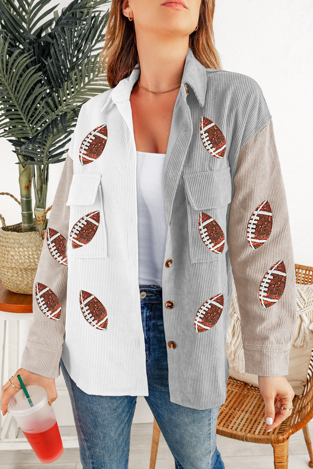 White Sequin Football Print Corduroy Shacket for Thanksgiving