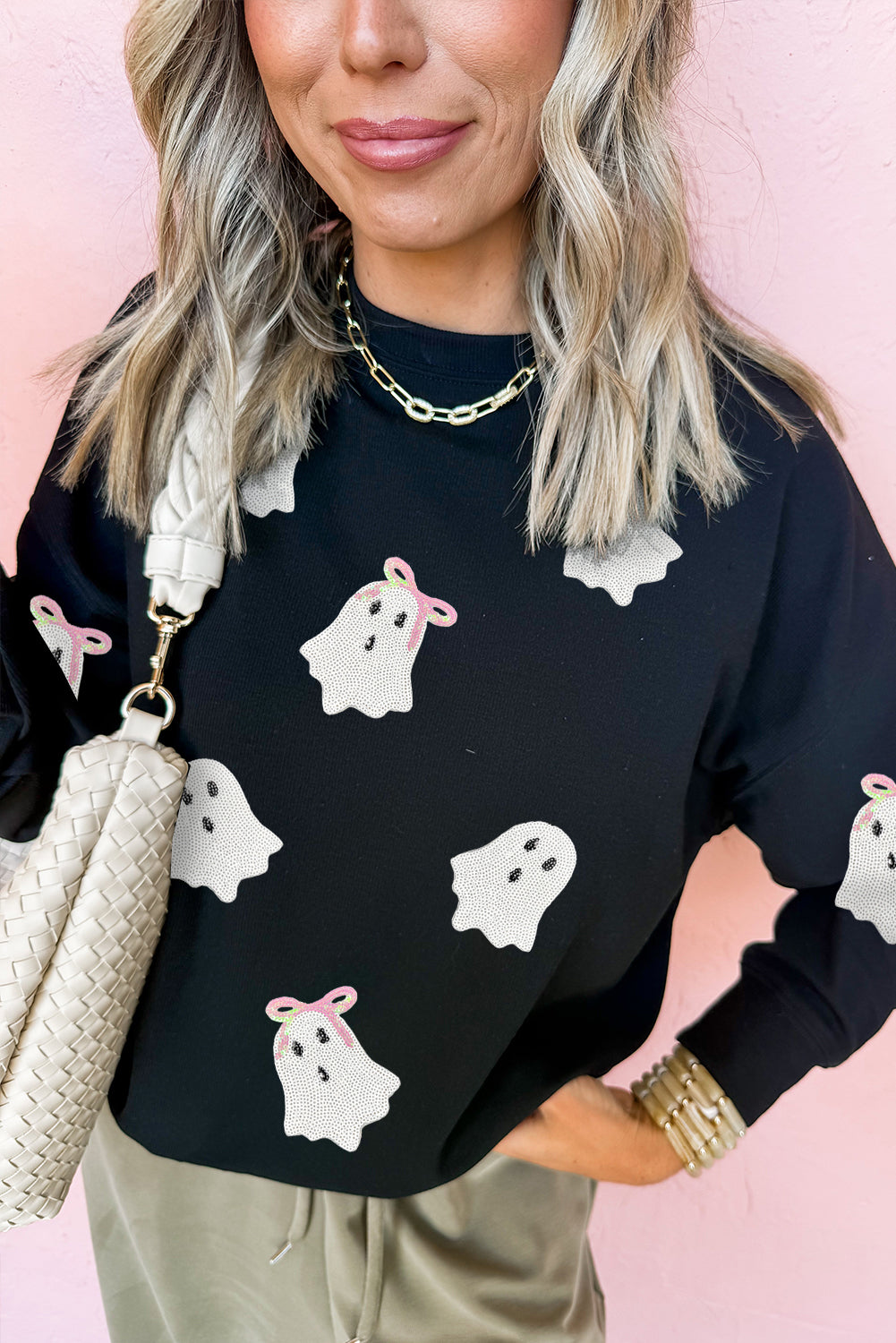 Black Sequin Ghost Bow Graphic Halloween Sweatshirt