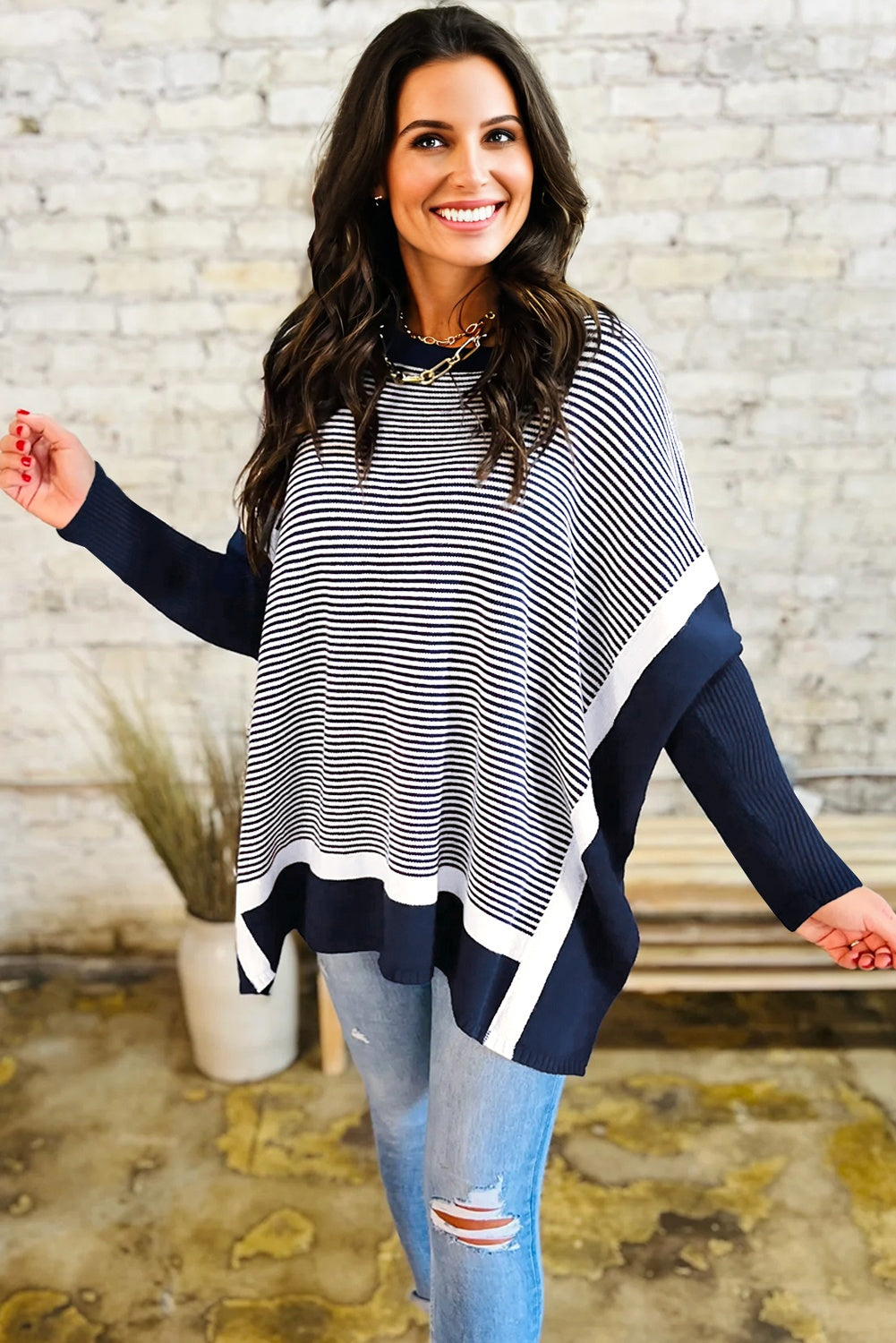Color Block Patchwork Dolman Oversize Tunic Sweater