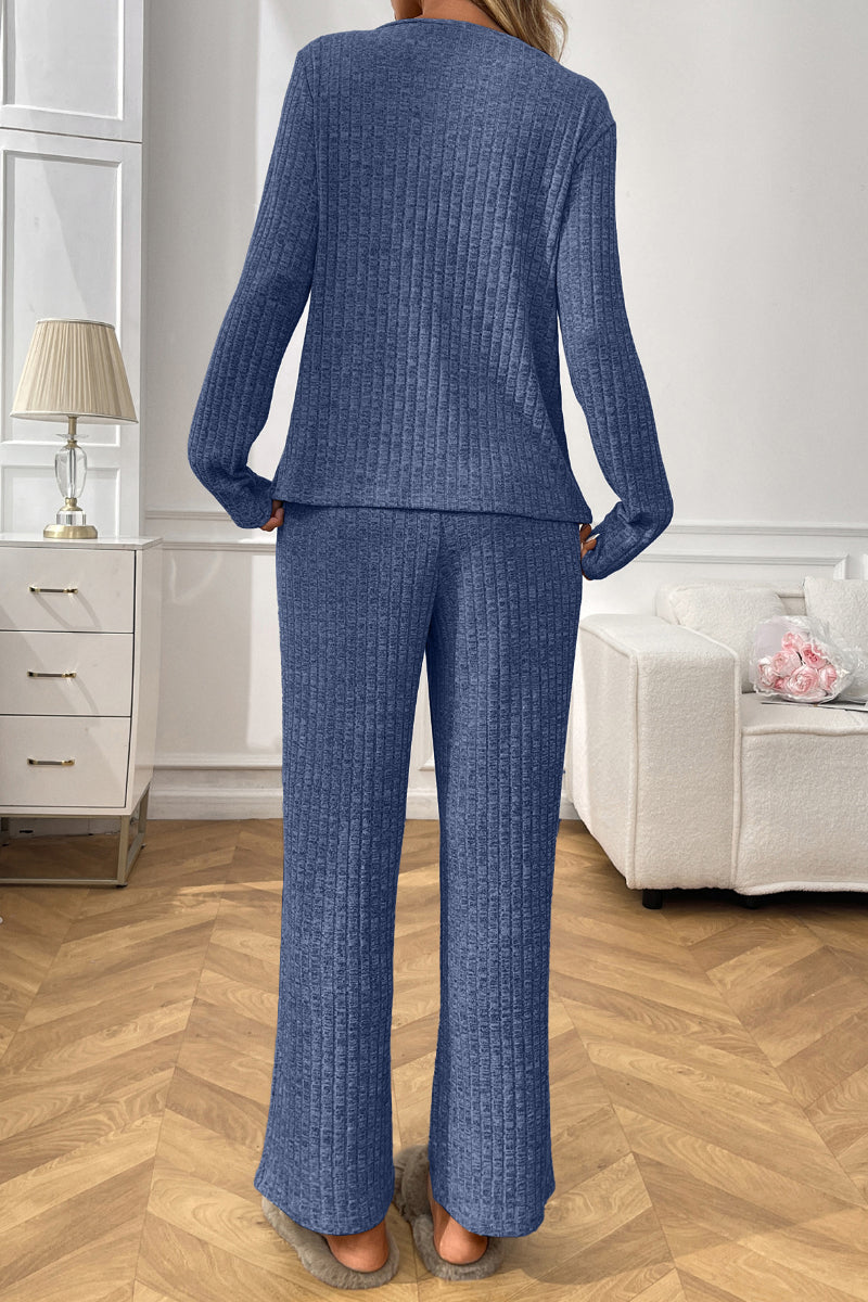 Womens Ribbed Knit Lounge Set Off Shoulder Pajama