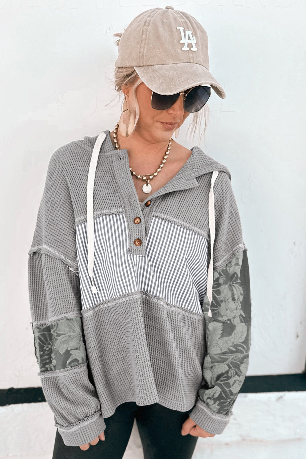 Waffle Patchwork Stripe Print Hooded Long Sleeve Top