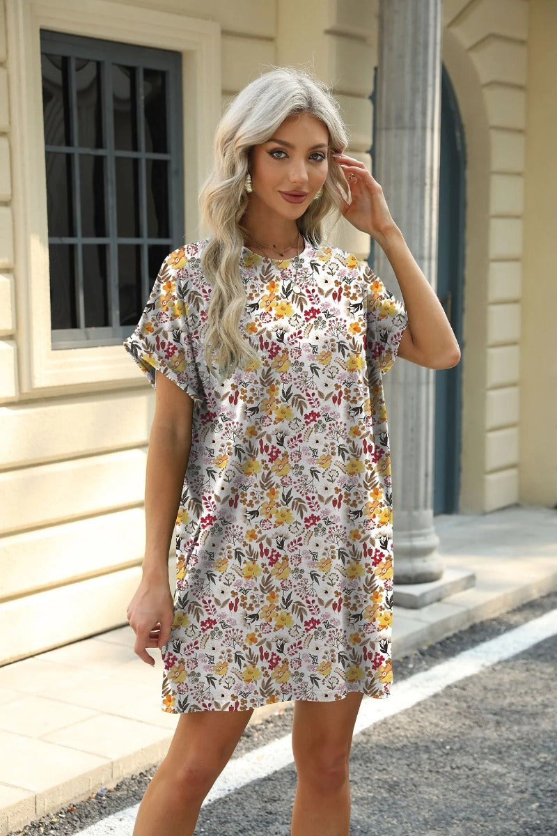 Floral Print Crew Neck Short Sleeve Pocket Dress