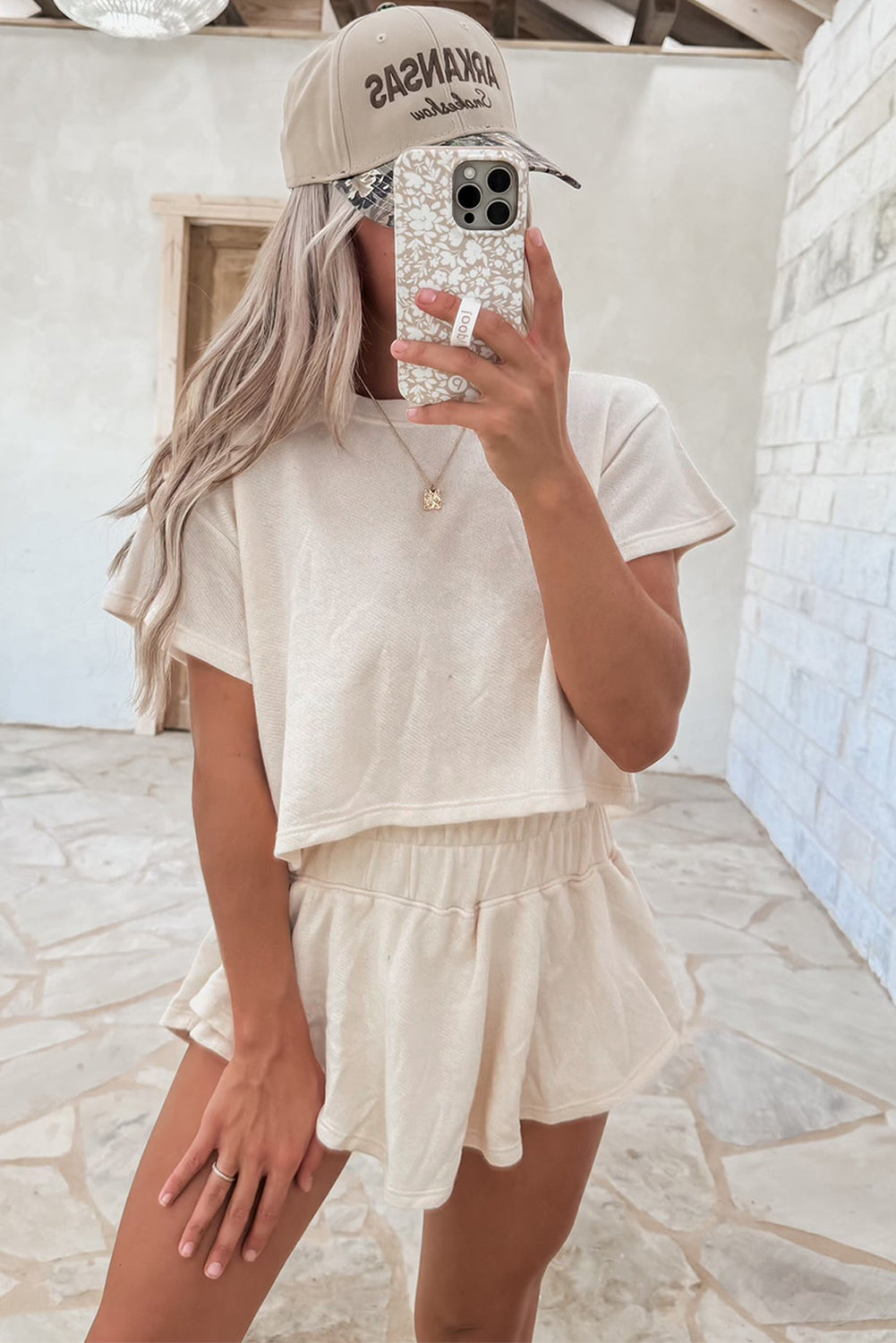 2pcs Cropped Tee Ruffle High Waist Skort Set