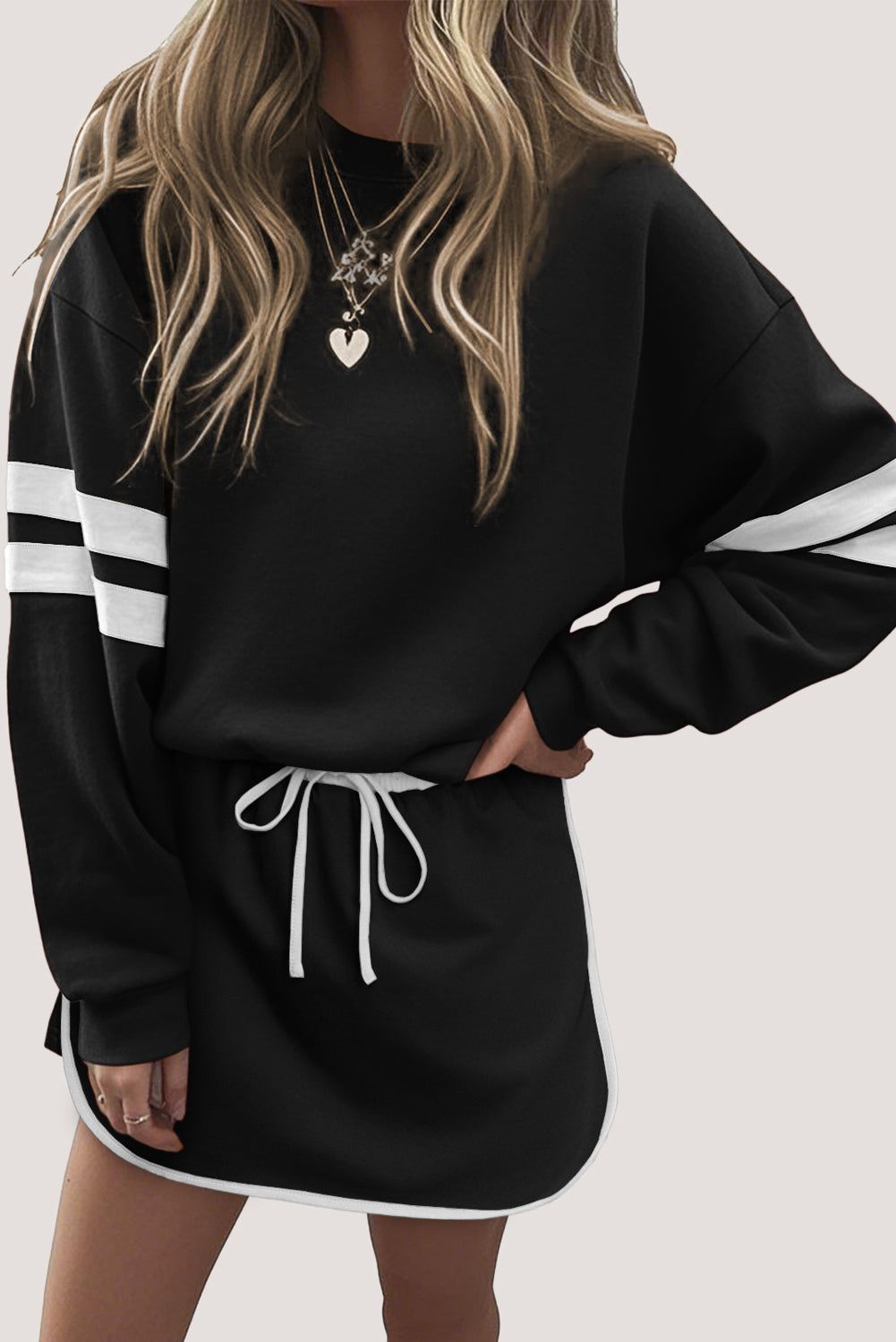 Varsity Stripe Pullover and Mini Skirt Two Piece Set