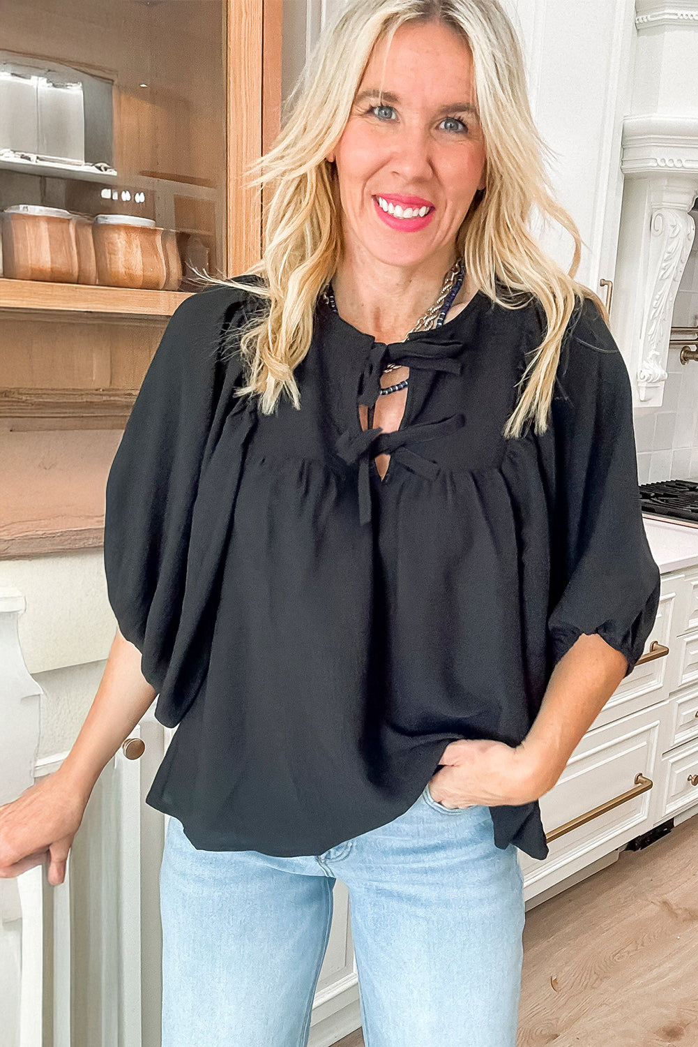 Fall Bow Tie Neck 3/4 Sleeve Layering Blouse