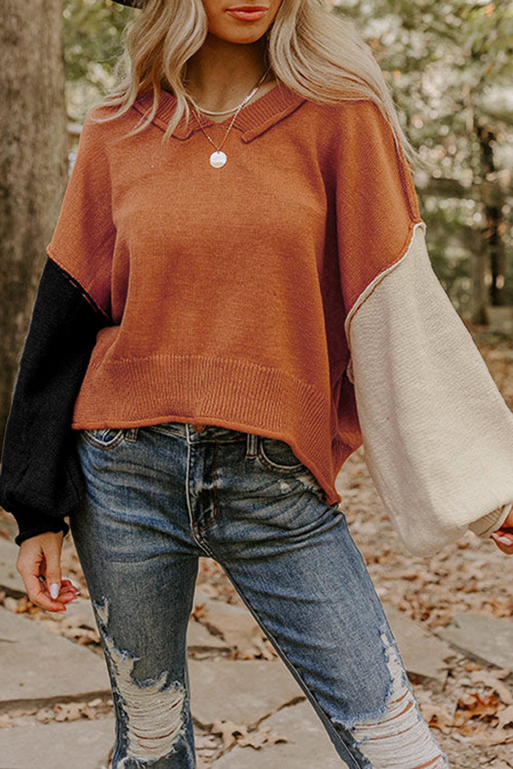 Desert Gold Colorblock Bubble Sleeve V Neck Sweater