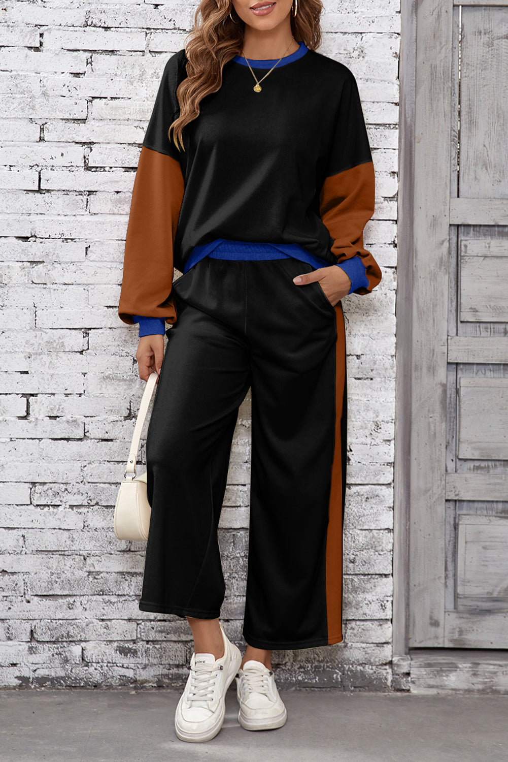 2pcs Color Block Casual Pullover Pant Set