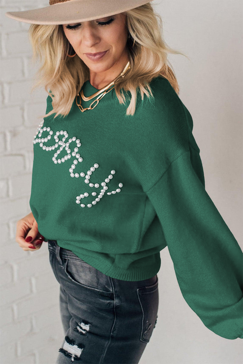 Pearl Beaded Merry Christmas Holiday Sweater