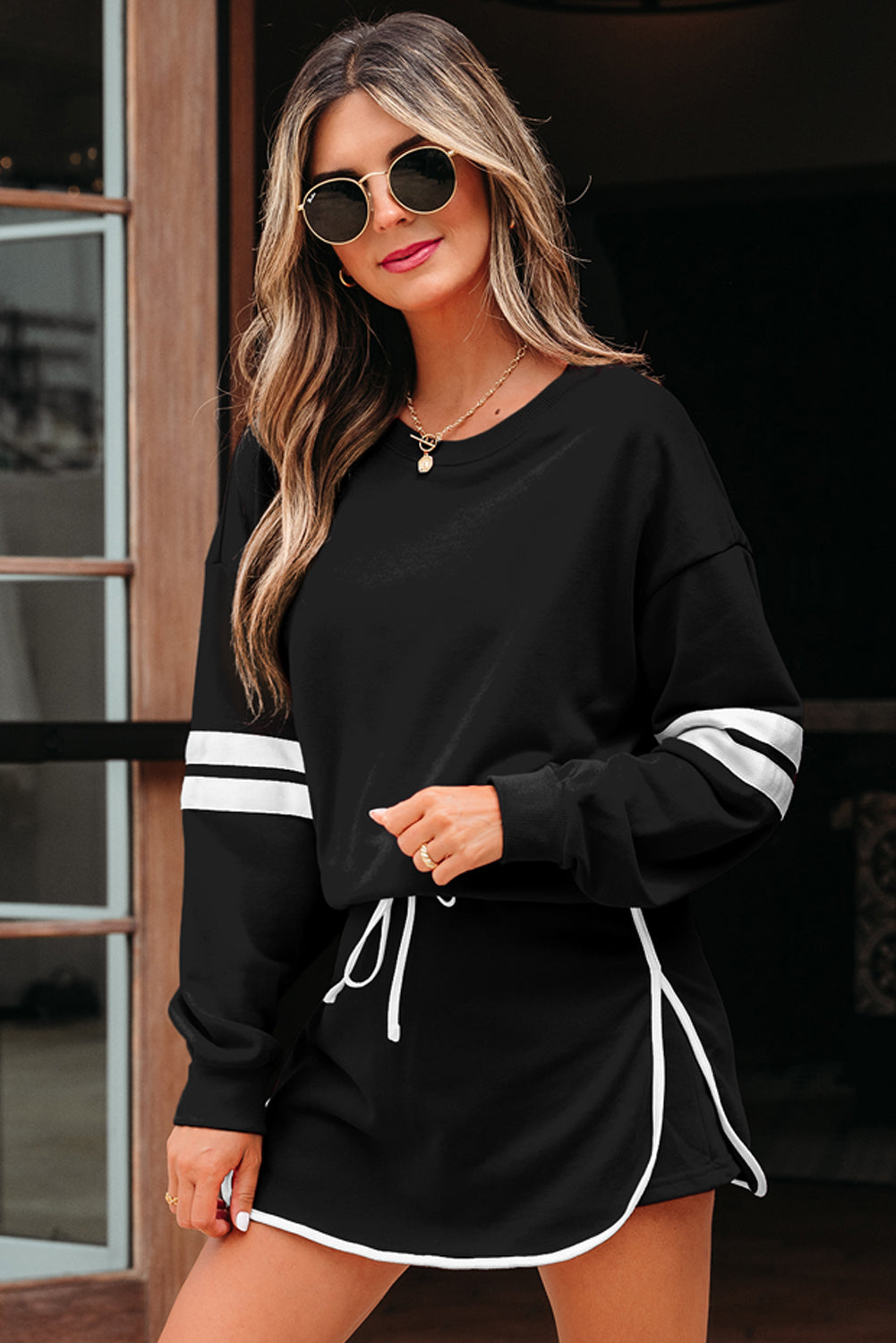 Varsity Stripe Pullover and Mini Skirt Two Piece Set
