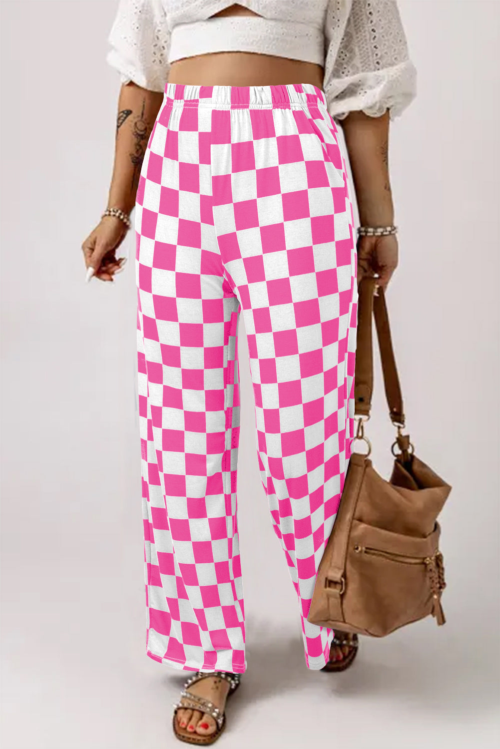 2-Tone Checked High Waist Wide Leg Pants
