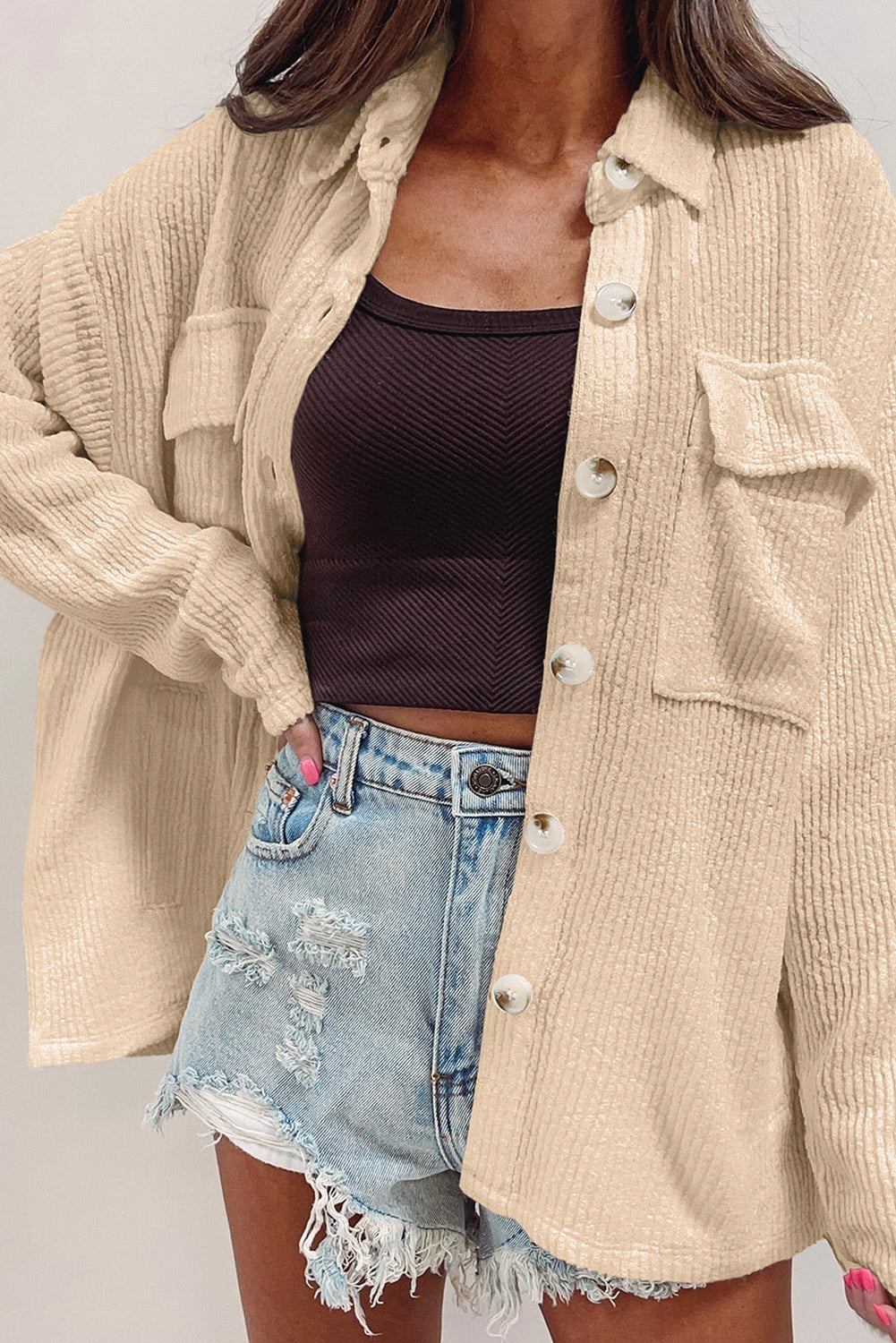 Corduroy Buttoned Long Sleeve Shacket