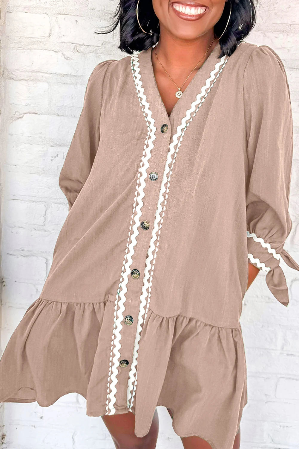 Contrast Ricrac Trim V Neck Button Shift Dress