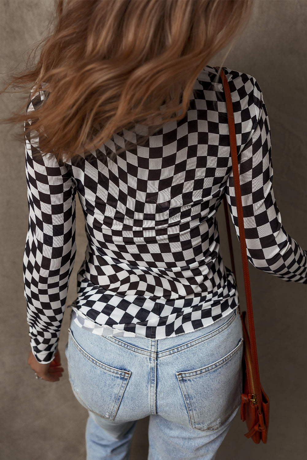 Checkered Pattern Mesh Mock Neck Top