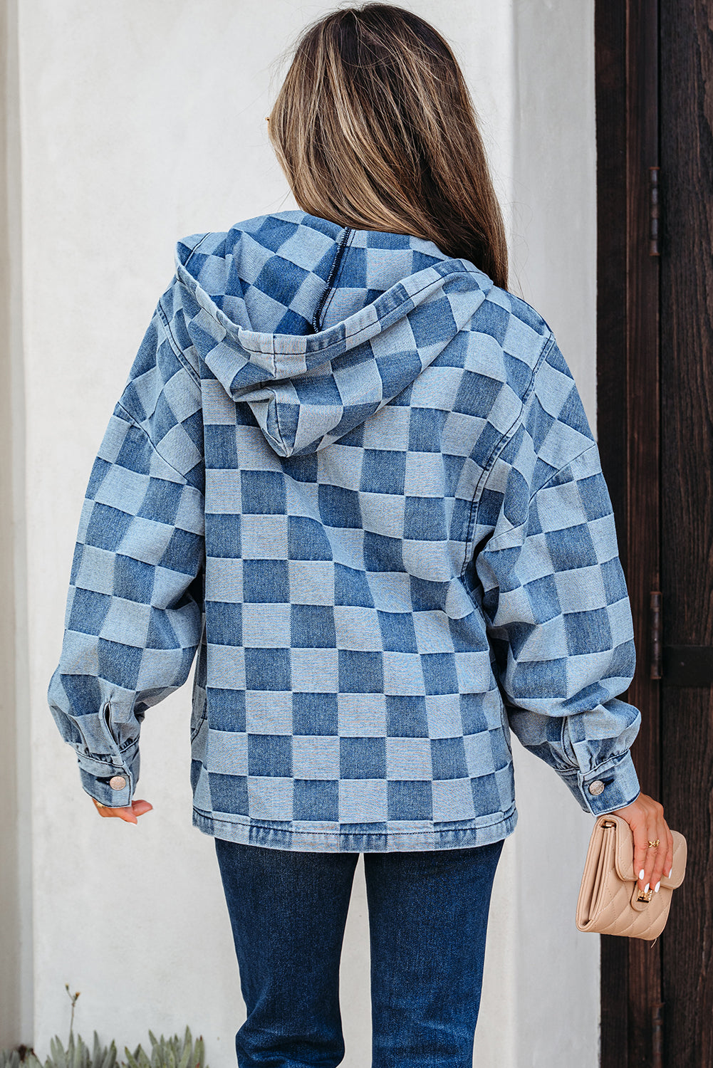 Checkerboard Quarter Zip Kangaroo Pocket Denim Top