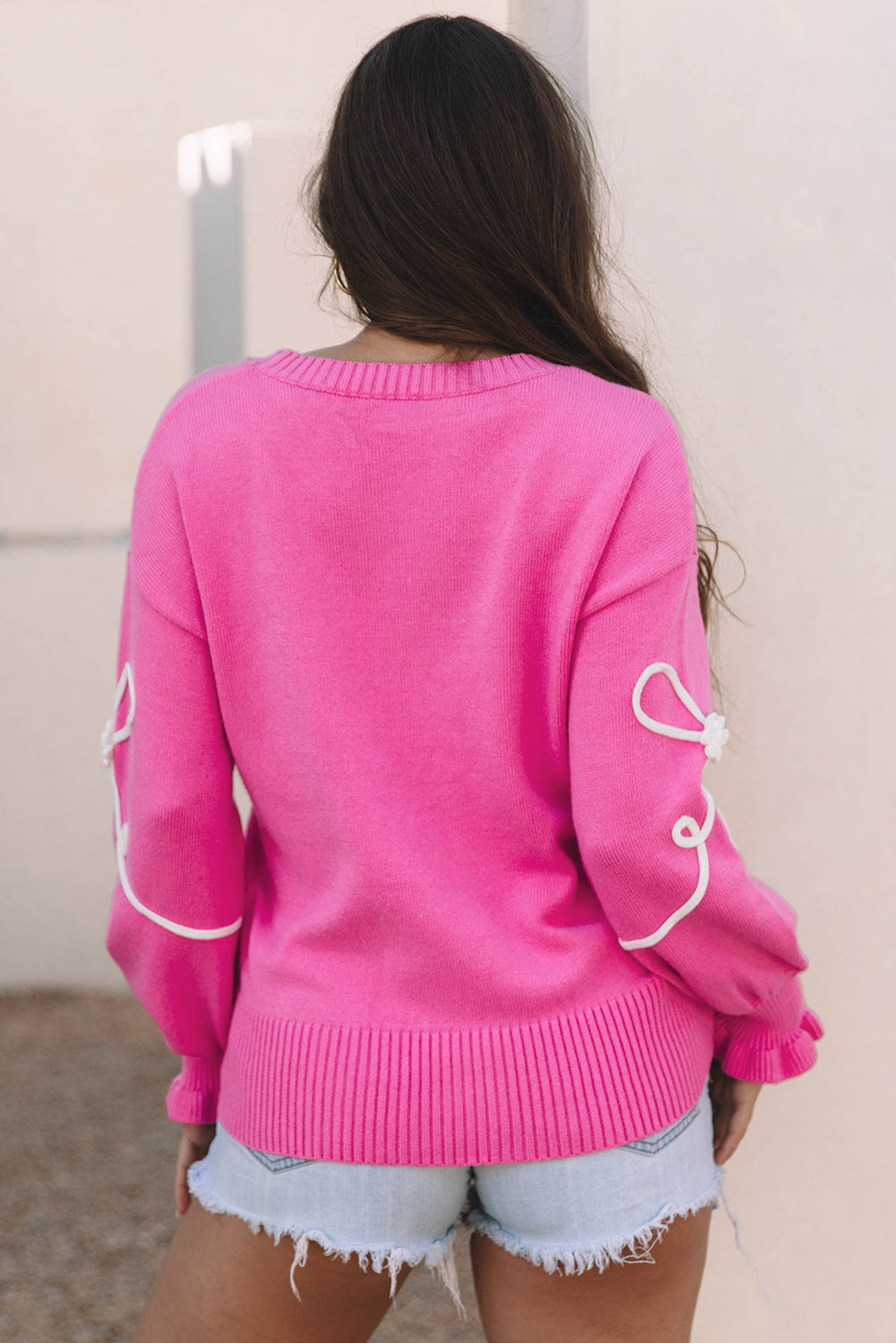 Bright Pink Bow Knit Sweater with Ribbed Cuffs