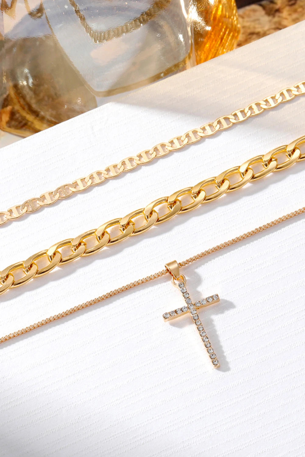 Gold Cross Rhinestone Layered Chain Necklace