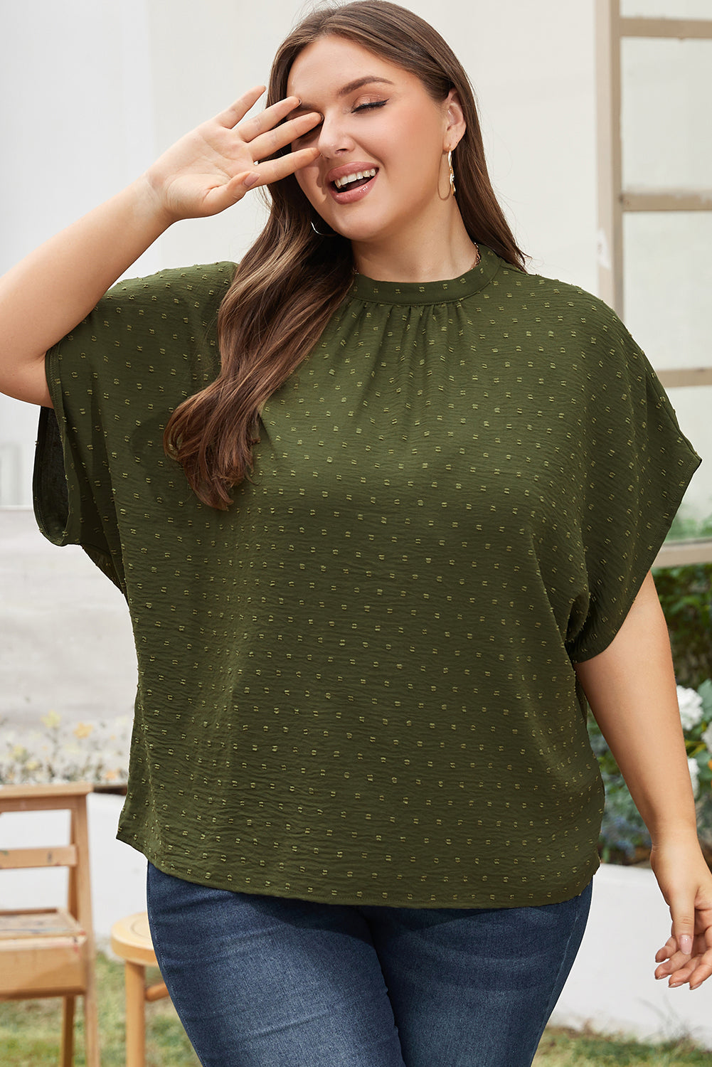 Moss Green Swiss Dot Plus Size Short Sleeve Top