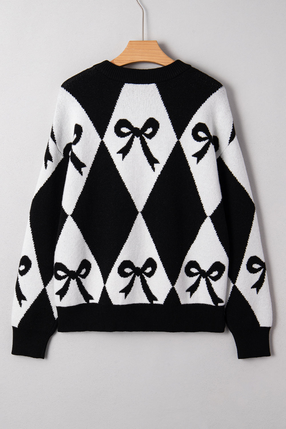 Bow Print Colorblock Rhombus Knit Sweater