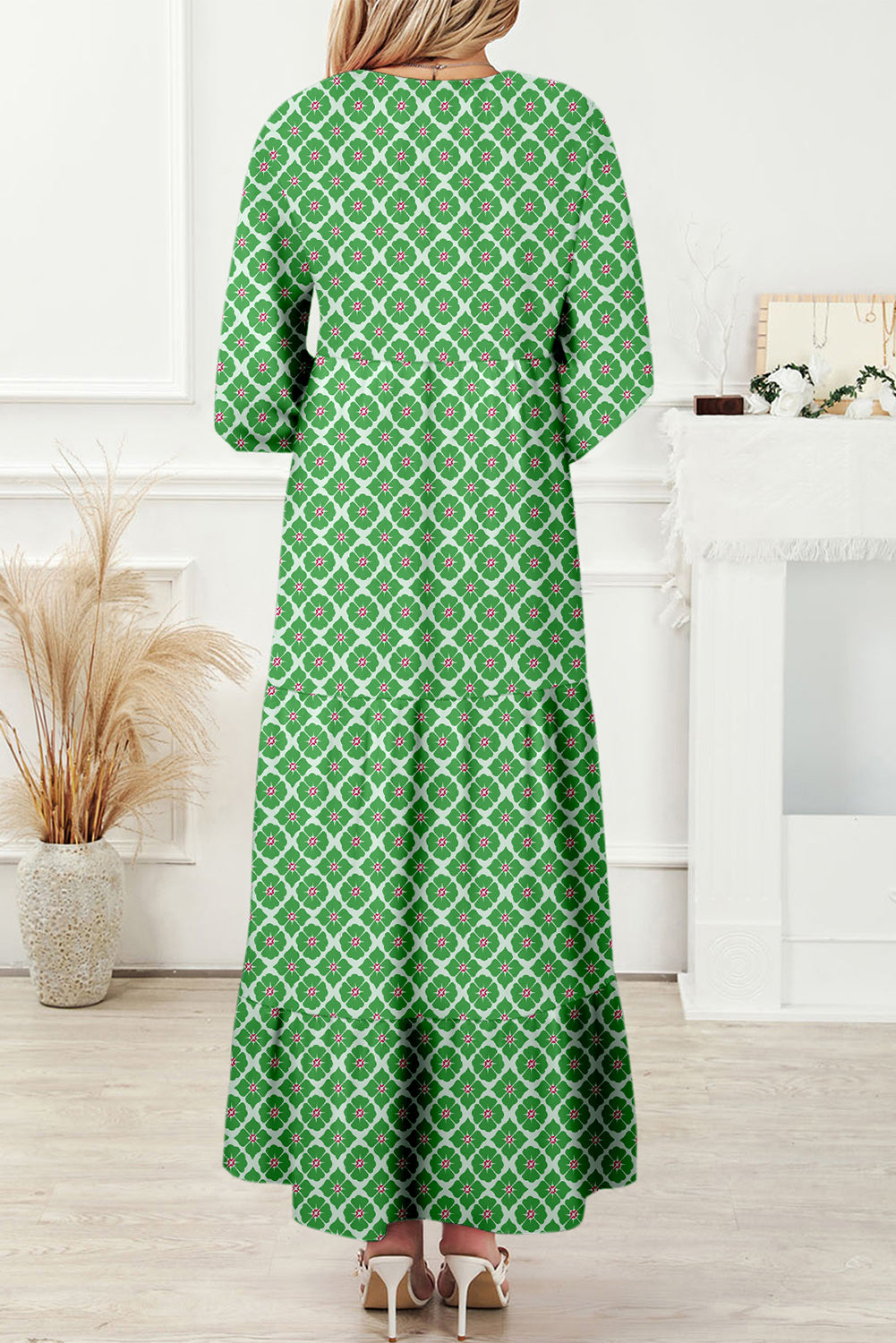 Green Boho Printed Half Sleeve Maxi Dress