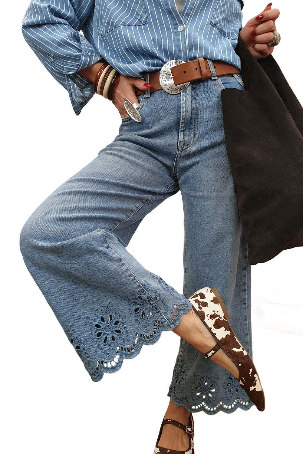 Embroidered Eyelet Wide Leg Cropped Jeans
