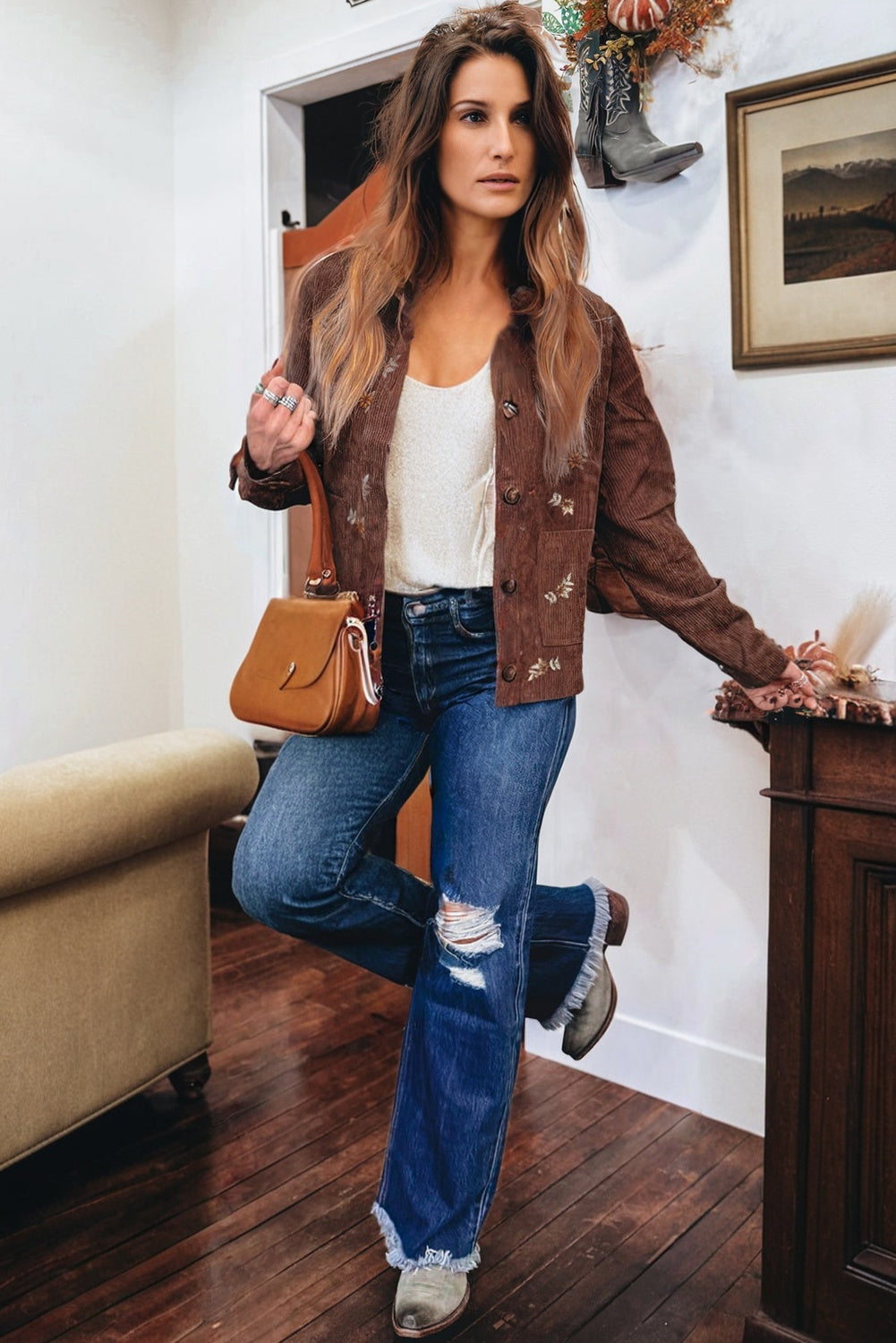 Floral Embroidered Corduroy Button Front Jacket With Pocket