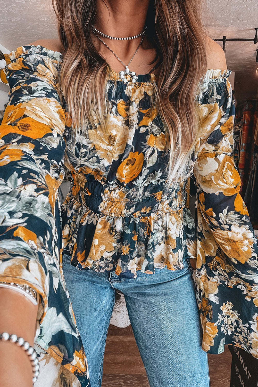 Floral Off Shoulder Bell Sleeve Smocked Peplum Top