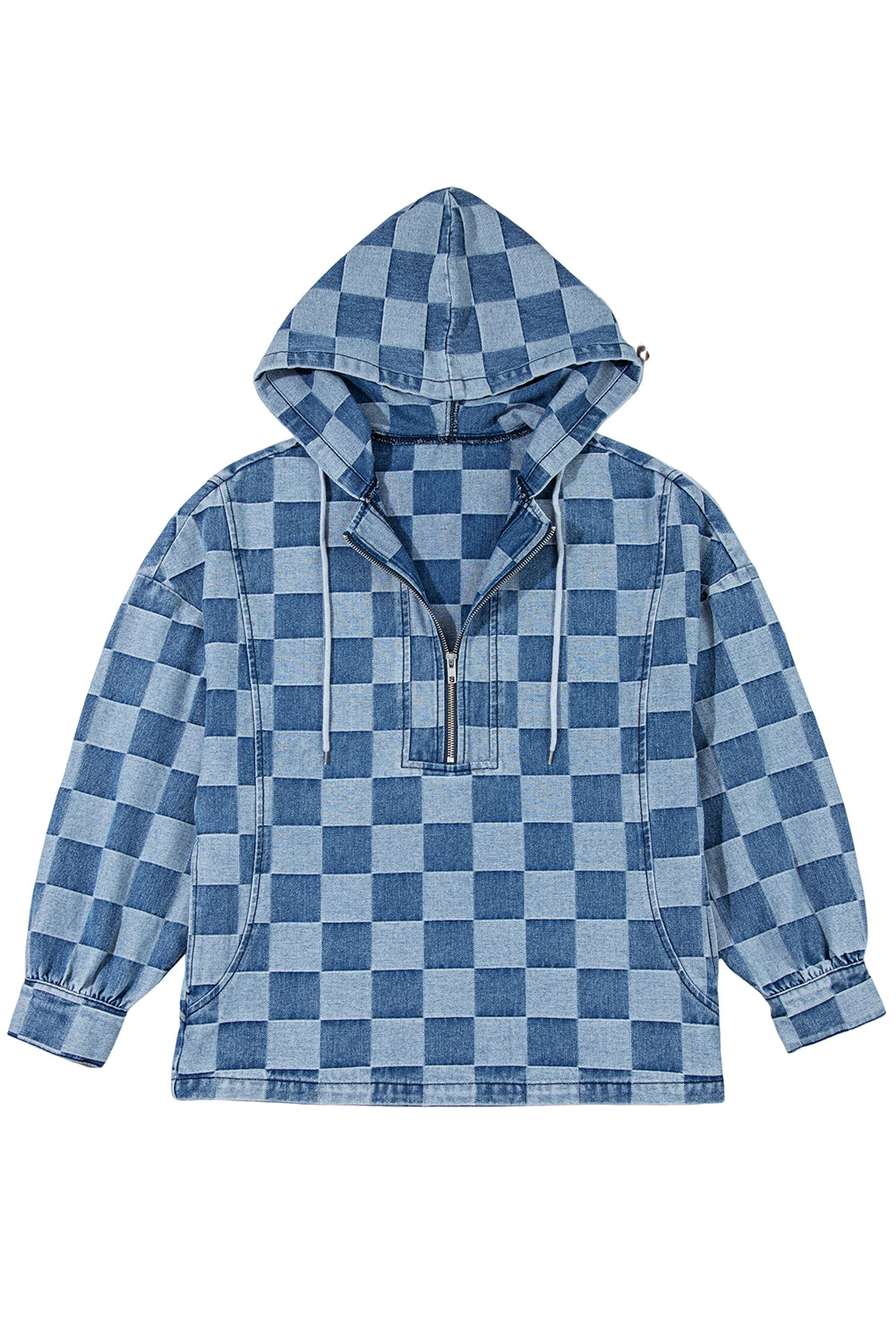 Checkerboard Quarter Zip Kangaroo Pocket Denim Top