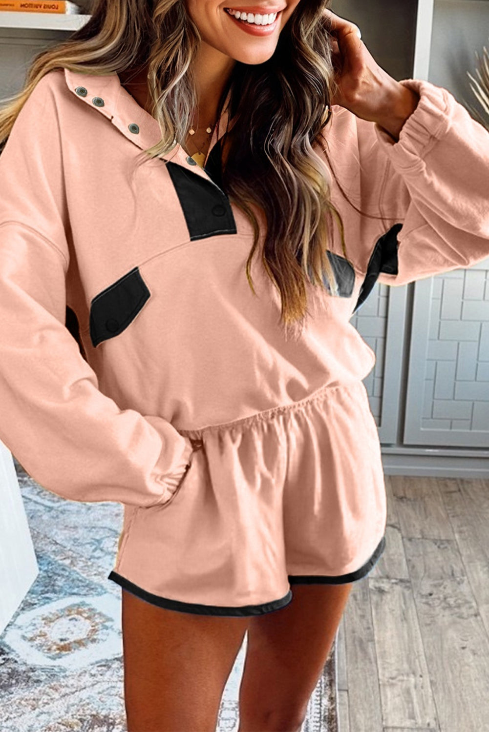 Yellow Color Block Patchwork Half Button Pullover and Shorts 2pcs Outfit