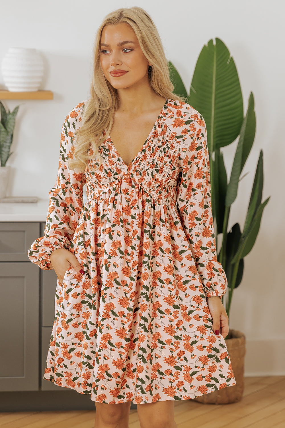 Floral V Neck Smocked Bust Bubble Sleeve Mini Dress