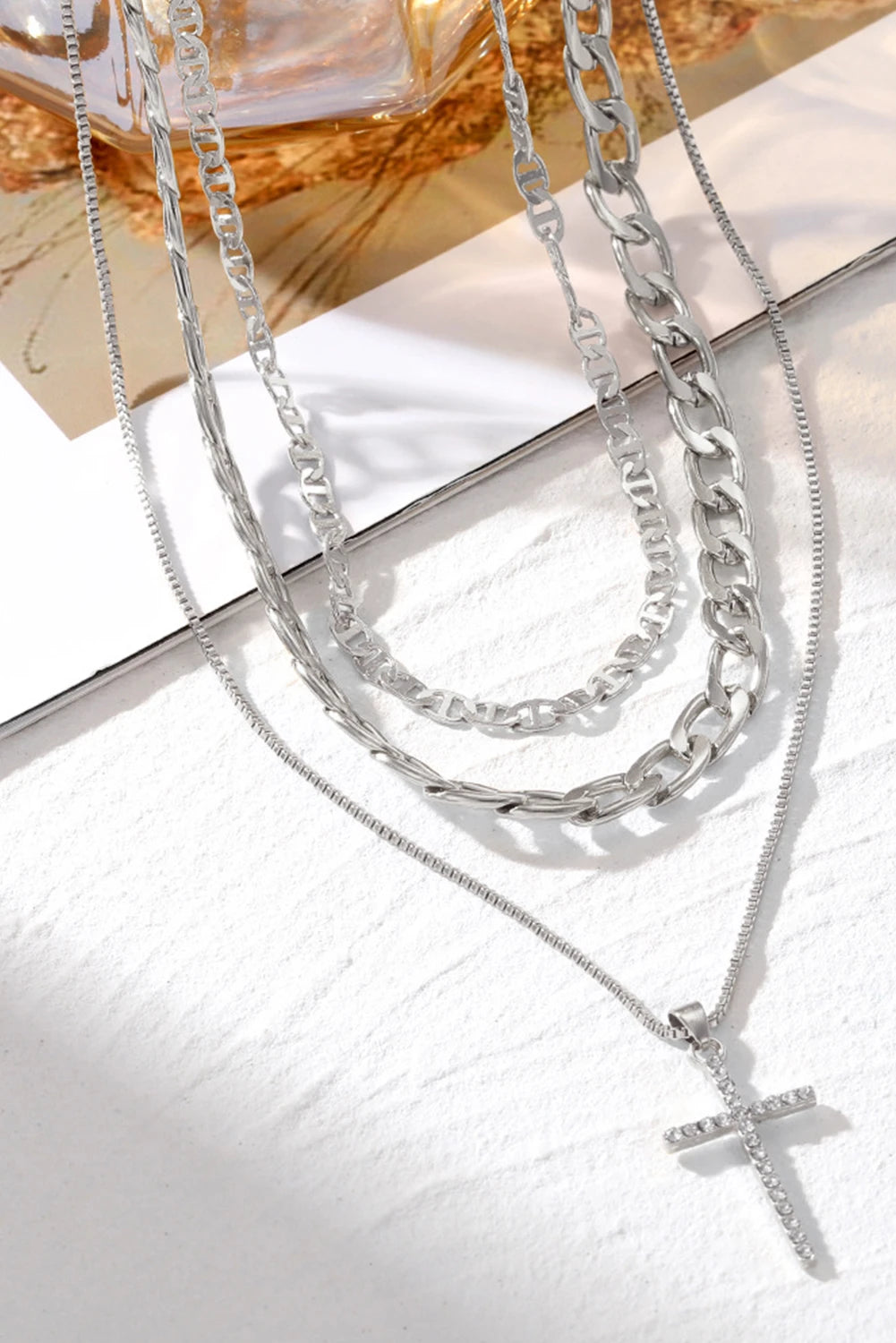 Gold Cross Rhinestone Layered Chain Necklace