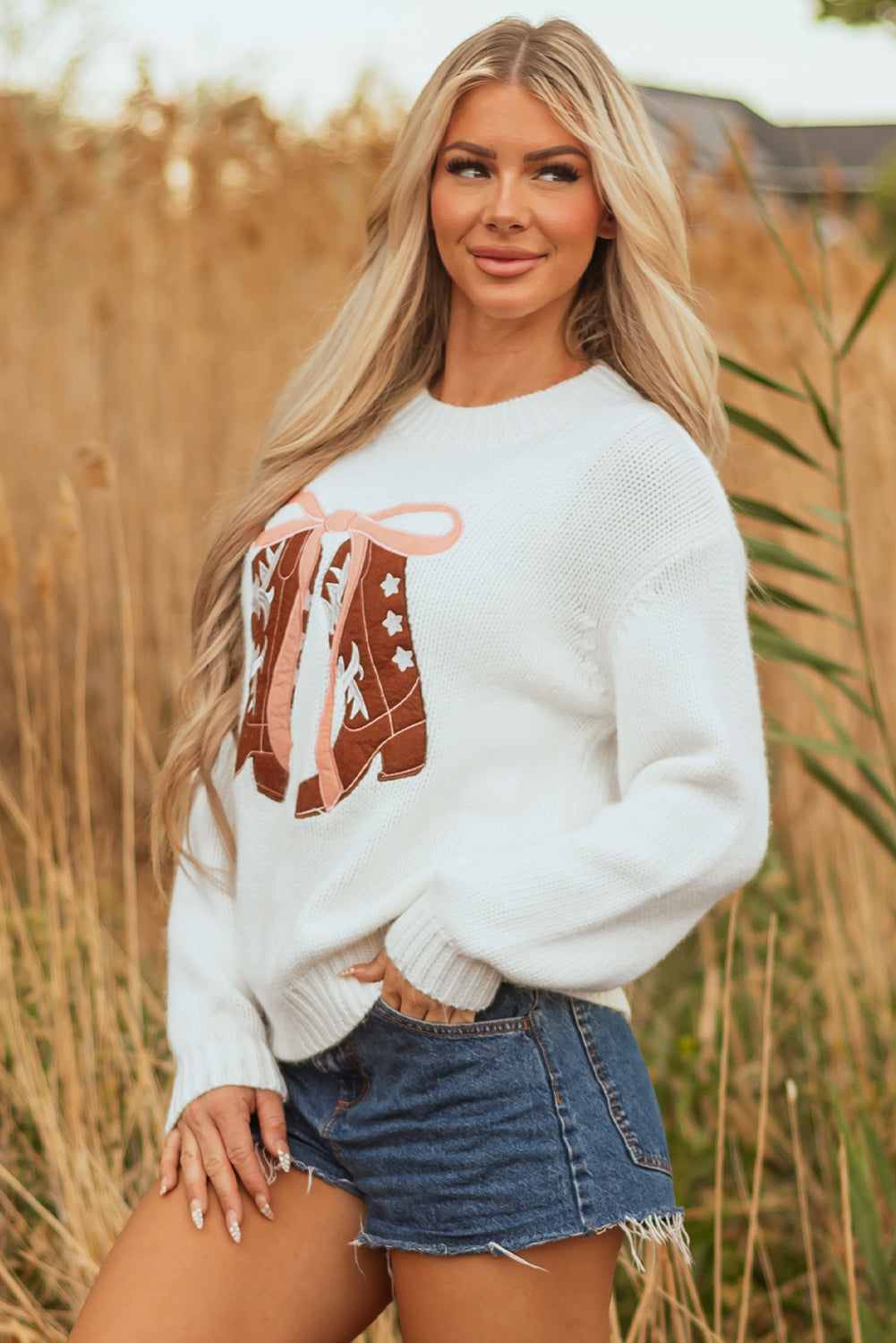 Western Boots Embroidered Bow Knit Sweater