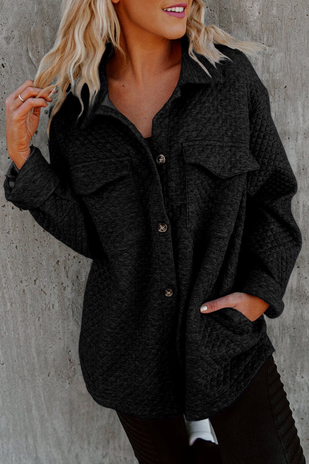 Quilted Button Shacket with Flap Pockets for Women