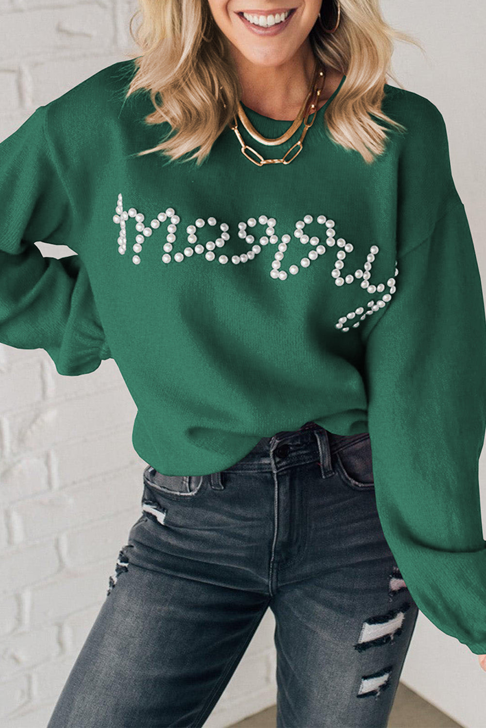 Pearl Beaded Merry Christmas Holiday Sweater