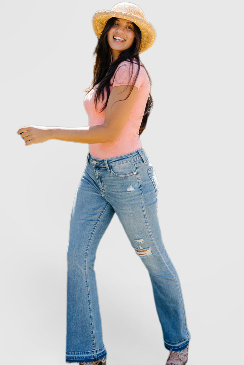 Mid-Rise Bootcut Jeans with Embossed Hem Rips