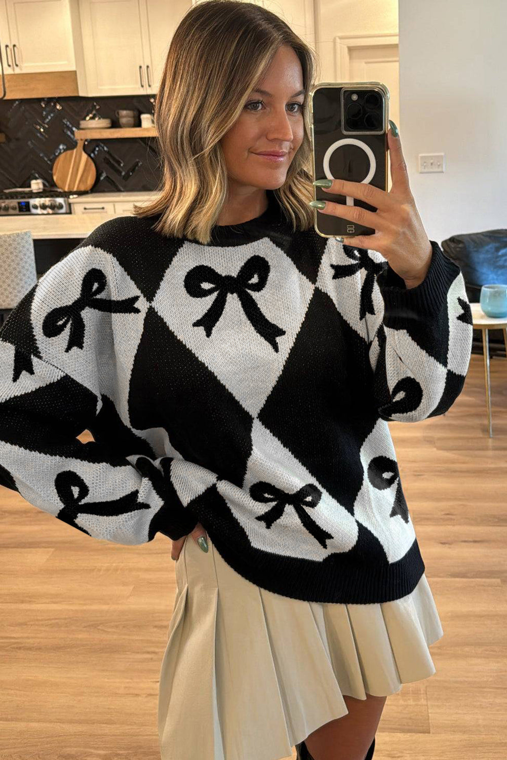 Bow Print Colorblock Rhombus Knit Sweater